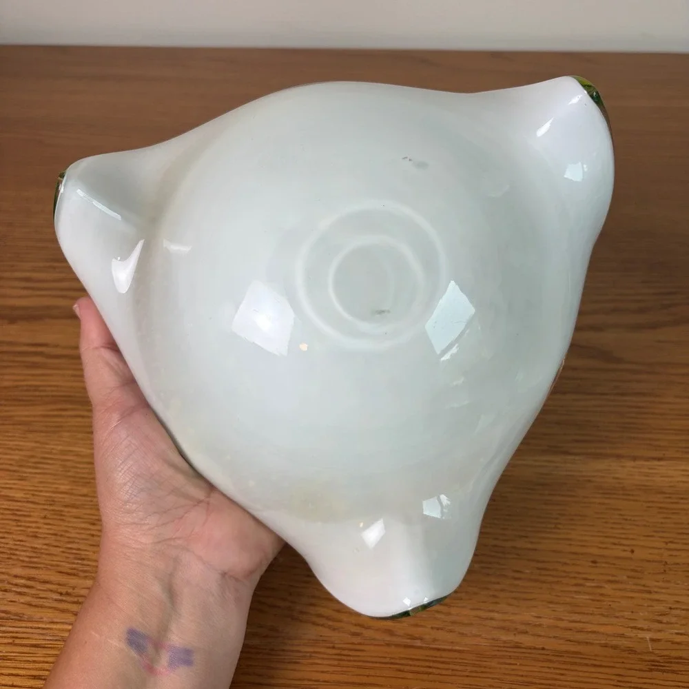 Vintage Murano Art Glass Bowl Gold Fleck Trifold White Green Tutti Fruitti